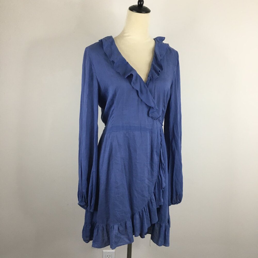PAIGE Blue V Neck Ruffle Long Sleeve Belted Wrap Dress